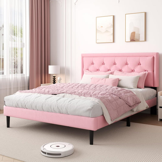 Full Size Platform Bed Frame with Upholstered Velvet Button Tufted Headboard, Mattress Foundation with Wooden Slat Support, No Box Spring Needed, Easy Assembly, Noise Free, Pink