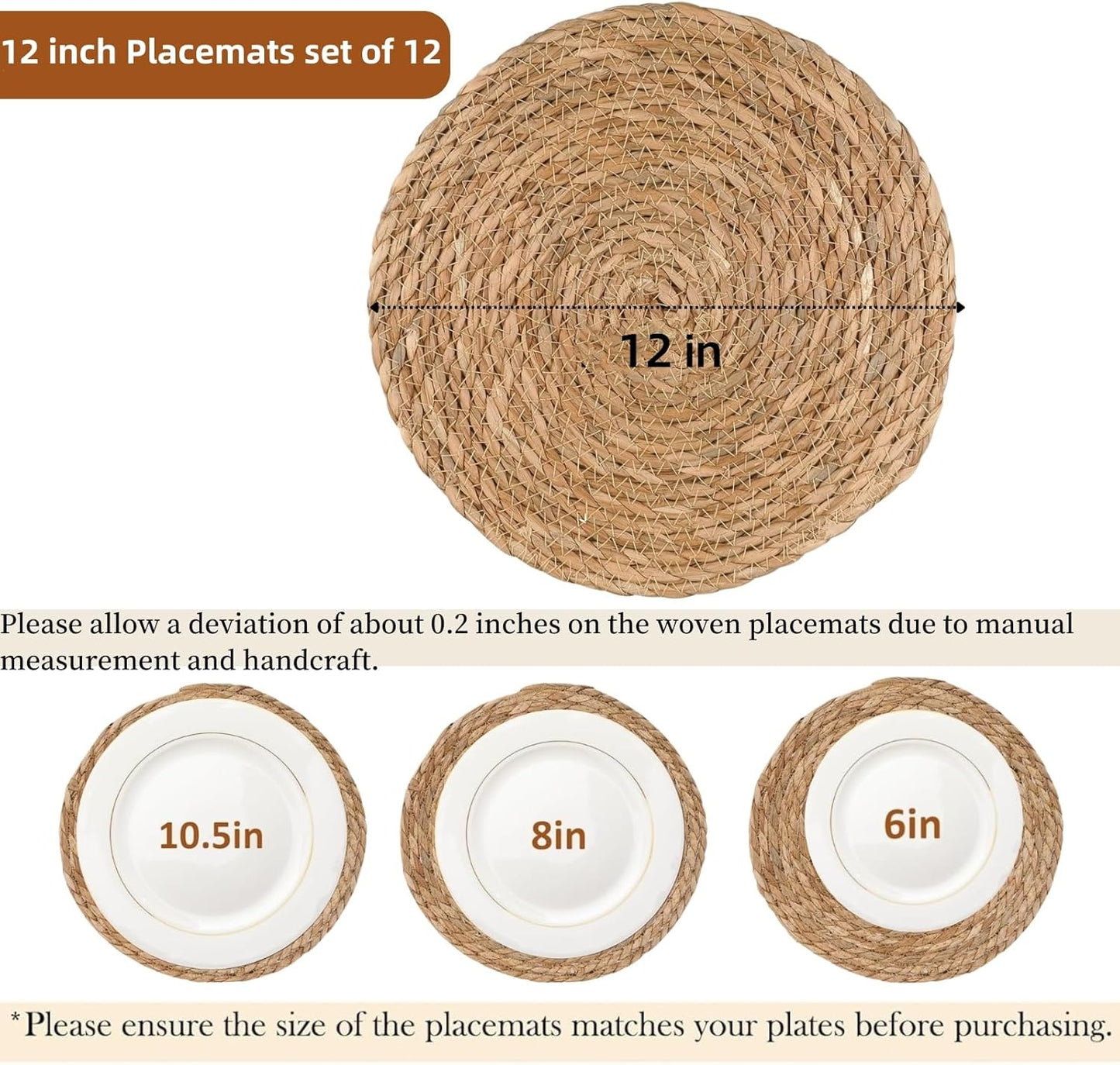 Round Woven Placemats Set of 12, 12" Boho Rattan Chargers for Dinner Plates, Natural Farmhouse Weave Place Mats, Rustic Braided Wicker Table Mats for Dining Table, Home, Outdoor