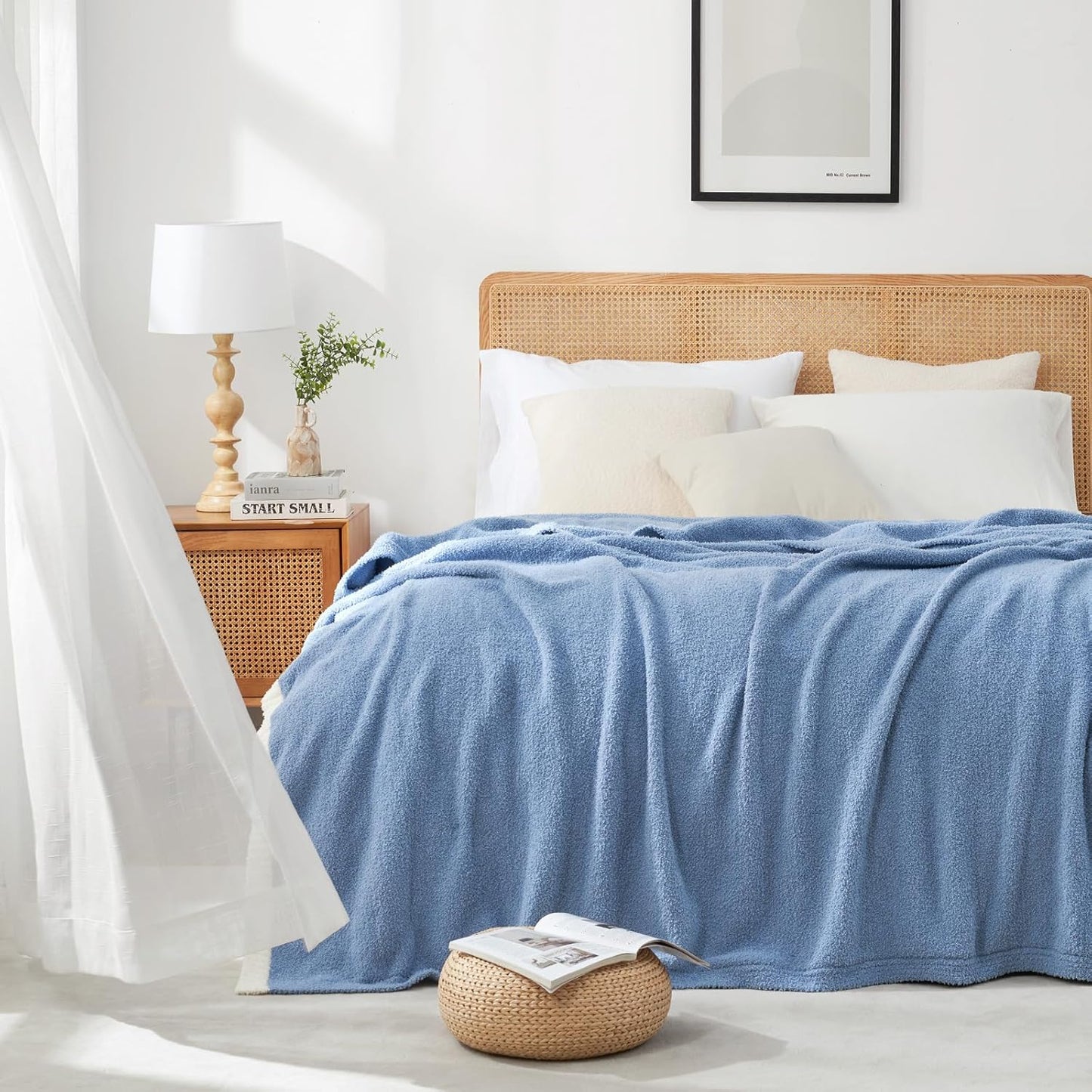 Snuggle Sac Blue Bedding Blankets Queen Size 90x90 inches, Reversible Microfiber Fluffy Fuzzy Soft Throw Cozy Knit Blanket for Women Mothers Birthday Gifts