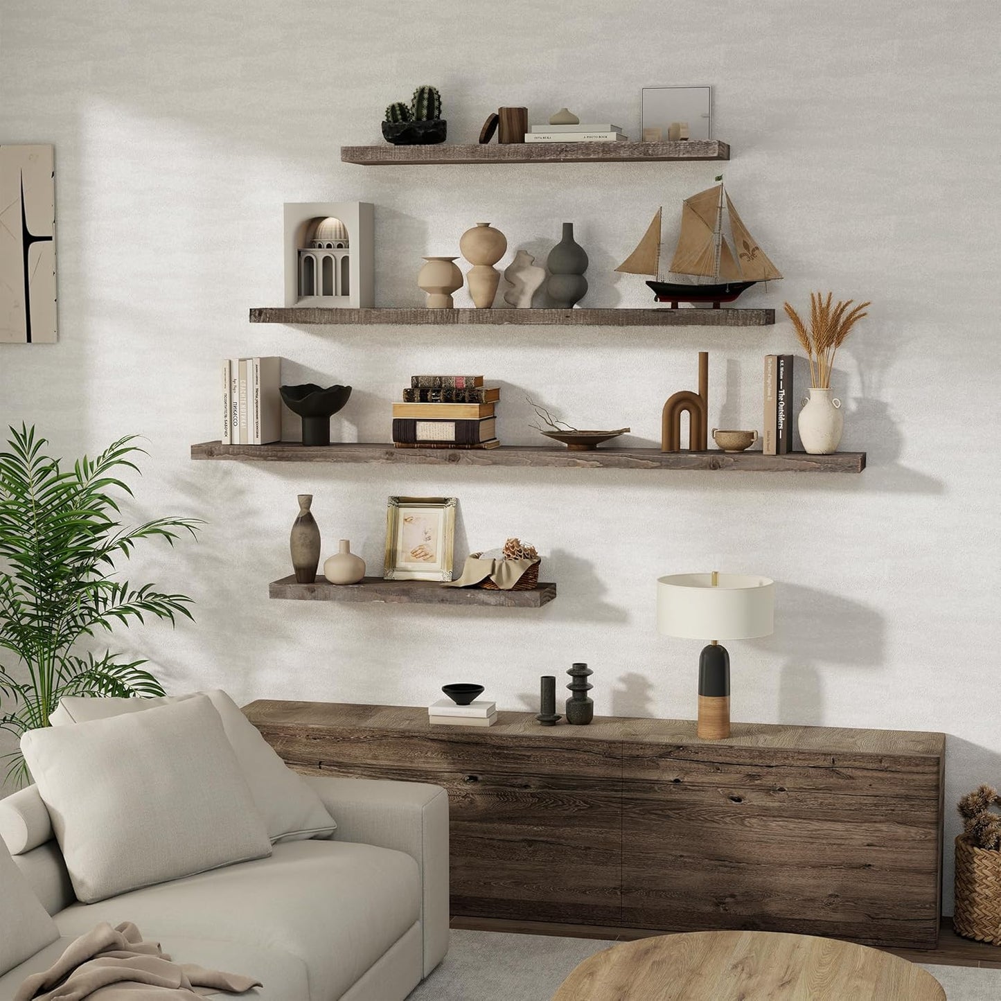 Floating Shelves Reclaimed Barnwood, 8" Deep Solid Wood Floating Shelf Wall Hanging Shelves with Invisible Heavy-Duty Metal Bracket | Wall Mounted | Farmhouse Style | 40 inches,2PCS,Grey