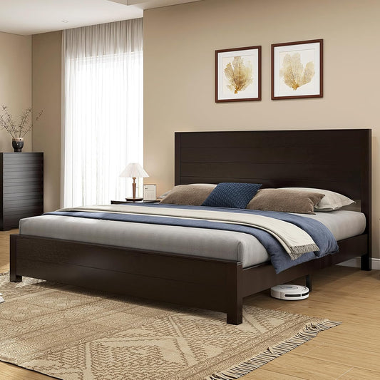 51.2" H Wood Bed Frame with Headboard, Platform Bed Frame King Size with Wooden Slat Support, No Box Spring Needed/Easy Assembly, Rustic Pine, Deep Brown