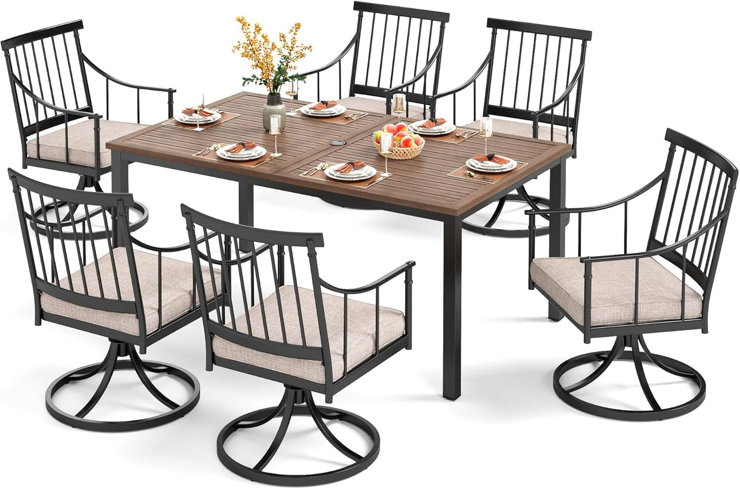 PHI VILLA 7 Pieces Outdoor Dining Set for 6, 65” Wood-Like Metal Rectangle Dining Table & Swivel Chairs with Cushions, Large Dining Furniture Set for Patio, Deck, Porch, Yard