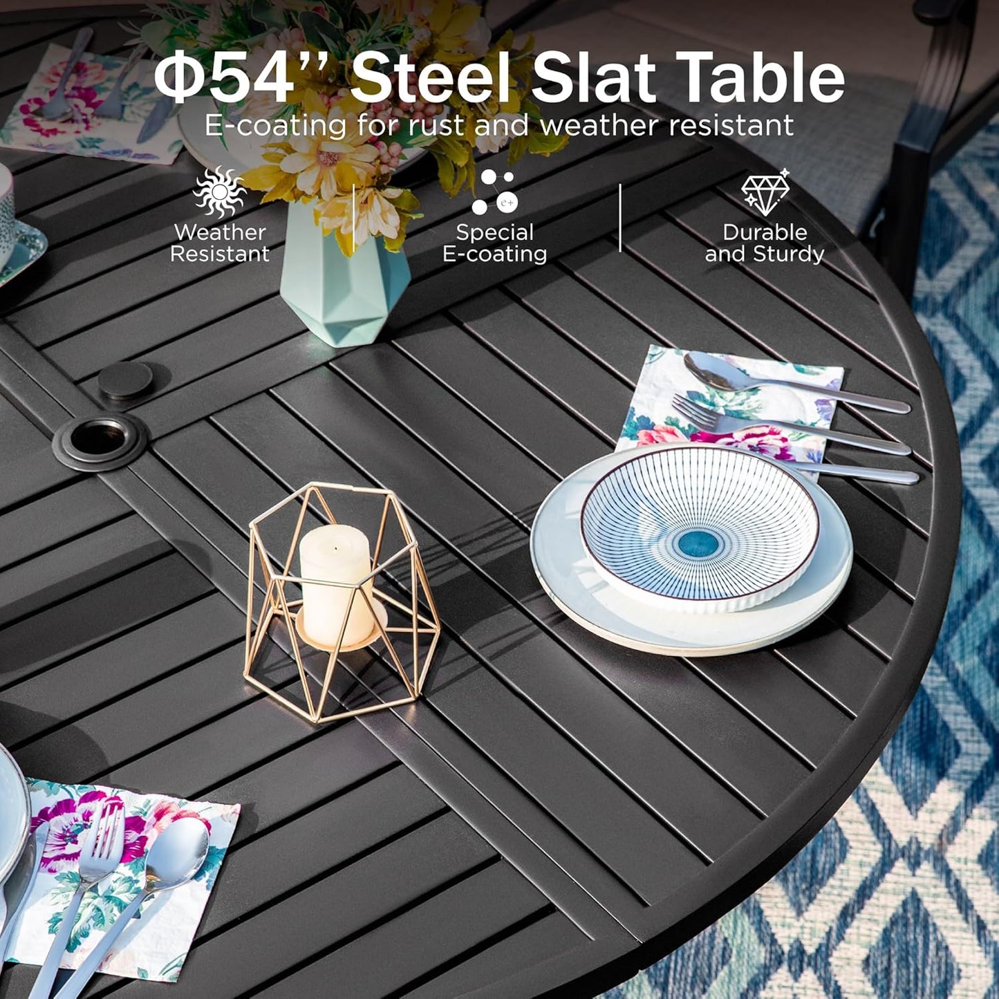 PHI VILLA Heavy Duty Outdoor Dining Set, 7-Piece Round Patio Table Set, 52" Round Dining Table with Umbrella Hole & 6 Outdoor Swivel Rocking Chairs with Thick Cushions