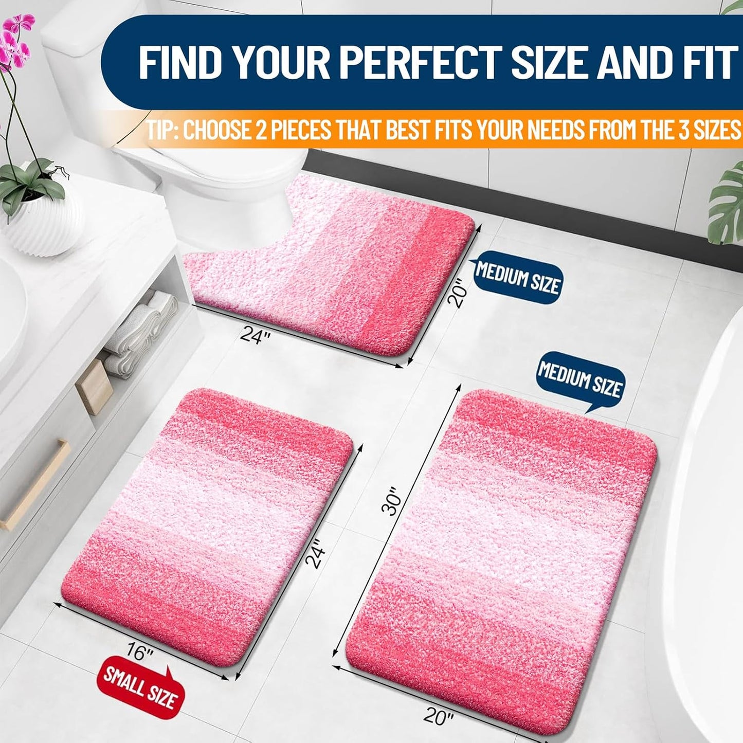 OLANLY Bathroom Rug Set 2 Piece, Soft Absorbent Microfiber Bath Mats and U-Shaped Contour Toilet Rug, Non-Slip, Machine Wash Dry, Plush Shaggy Bath Mats for Bathroom (24"x16"+24"x20", Pink)