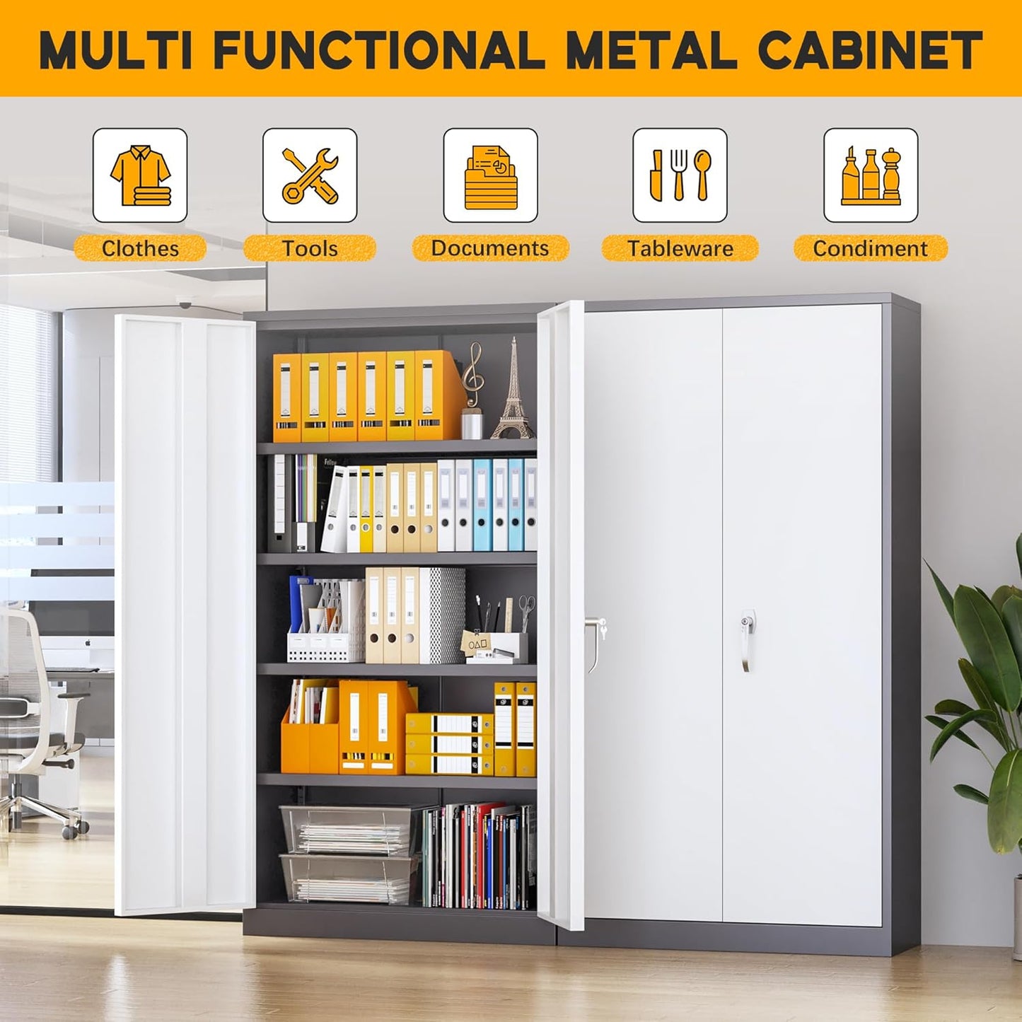 Greenvelly Metal Garage Storage Cabinet with 2 Doors and 4 Adjustable Shelves, 72”H Steel Lockable Storage Cabinet,Tall Metal Cabinet Locking File Cabinet for Office,Home, Garage, Gym, School