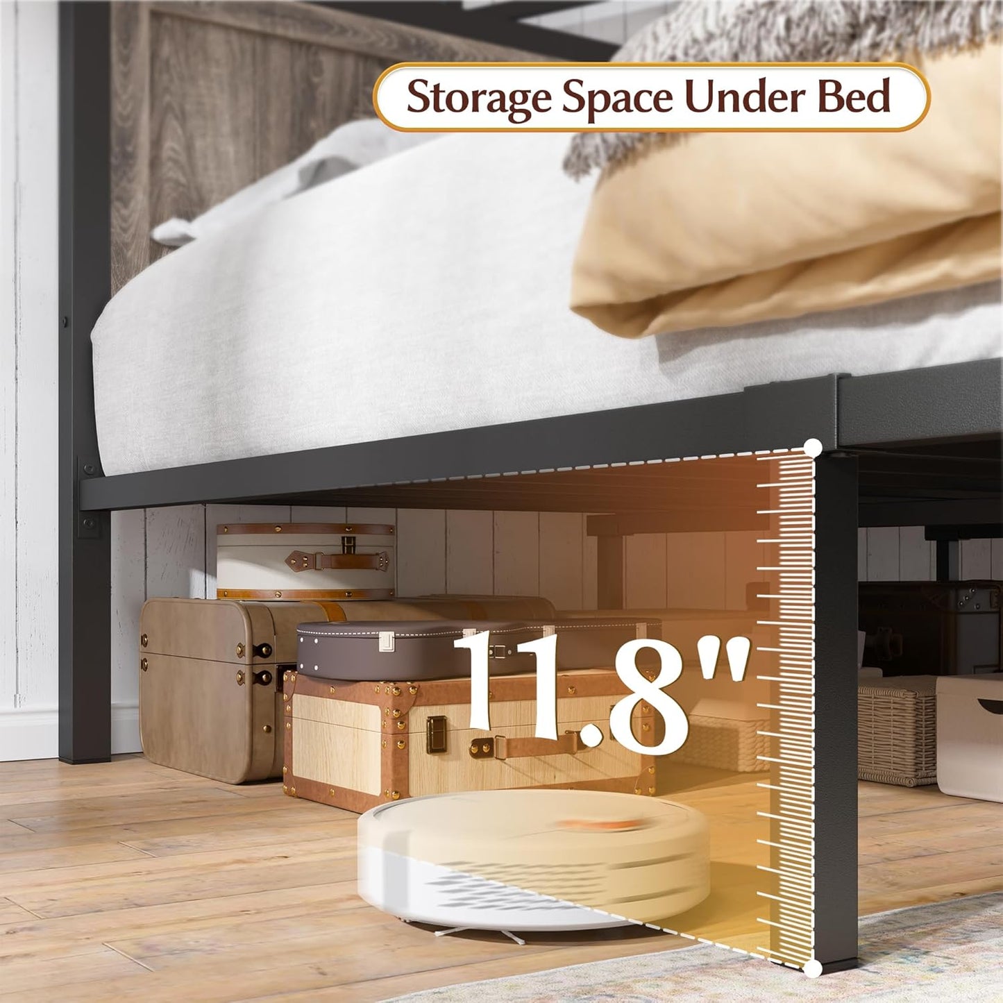 EnHomee King Size Bed Frame with 2 Storage Drawers, King Bed Frame with Wooden Headboard and Strong Metal Support,LED Lights and Charging Station,Farmhouse,NO Noise,No Box Spring Needed,Grey