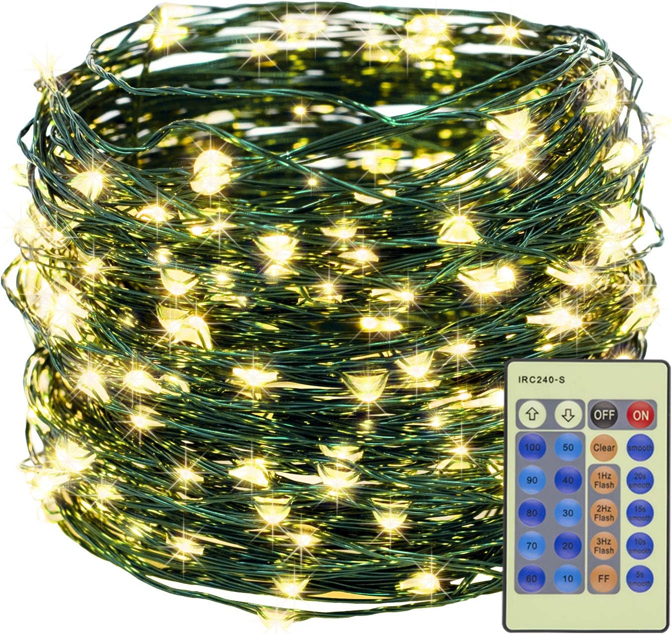 Decute 300LED 99FT Christmas Tree String Lights Green Wire Dimmable with Remote Control, UL Listed Plug in Fairy Starry Lights Decorative for Christmas Tree Party Wedding Indoor Outdoor Warm White