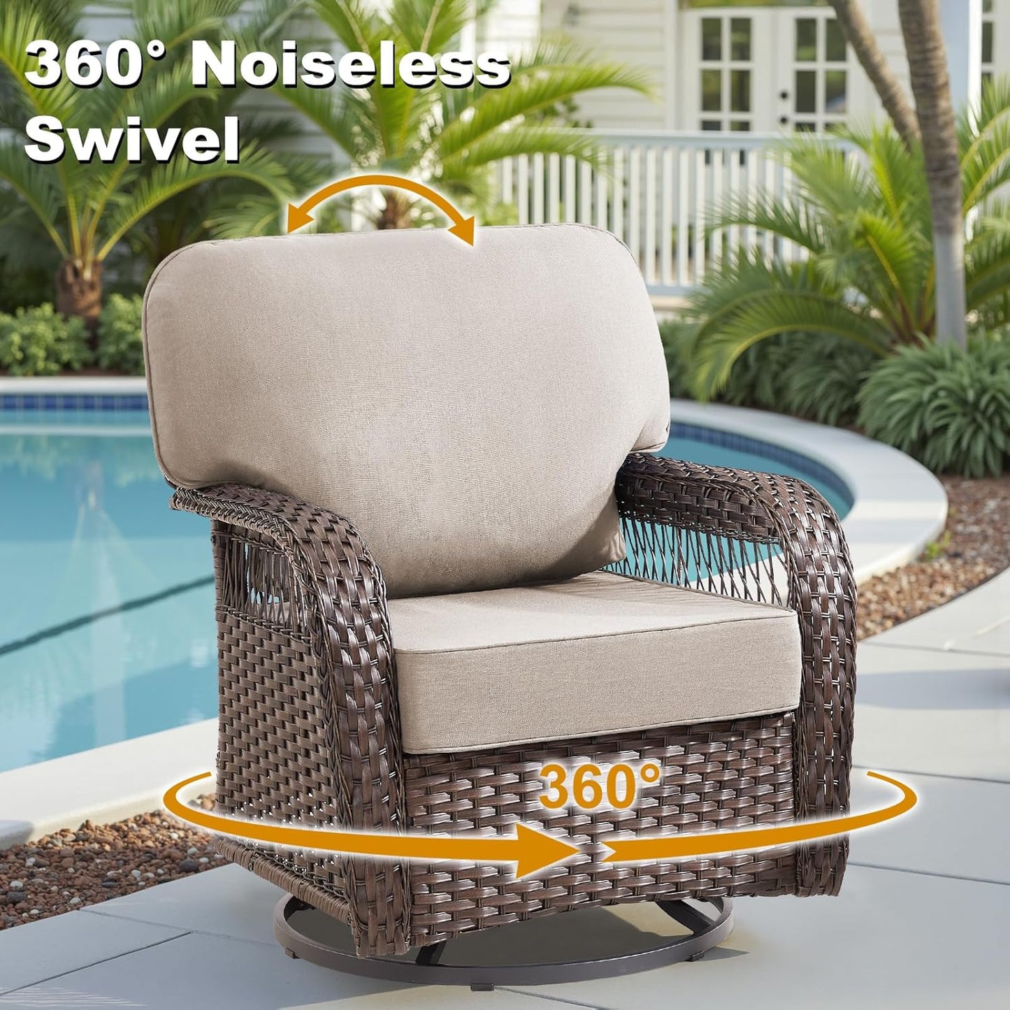 10 Pieces Patio Furniture Set Outdoor Sectional Sofa Couch with Rocking Swivel Chairs 5" Deep Seat Chairs, Modern Wicker Rattan Conversation Set, Beige/Brown Wicker