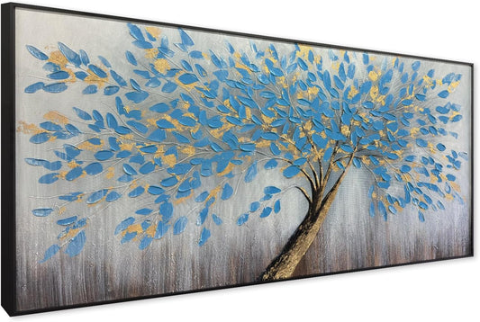 Blue Tree of Life Canvas Wall Art, Modern Abstract Textured Painting, Large Wall Art Framed Panoramic Landscape Artwork for Living Room, Bedroom, Office, Home Decor 48"x24"