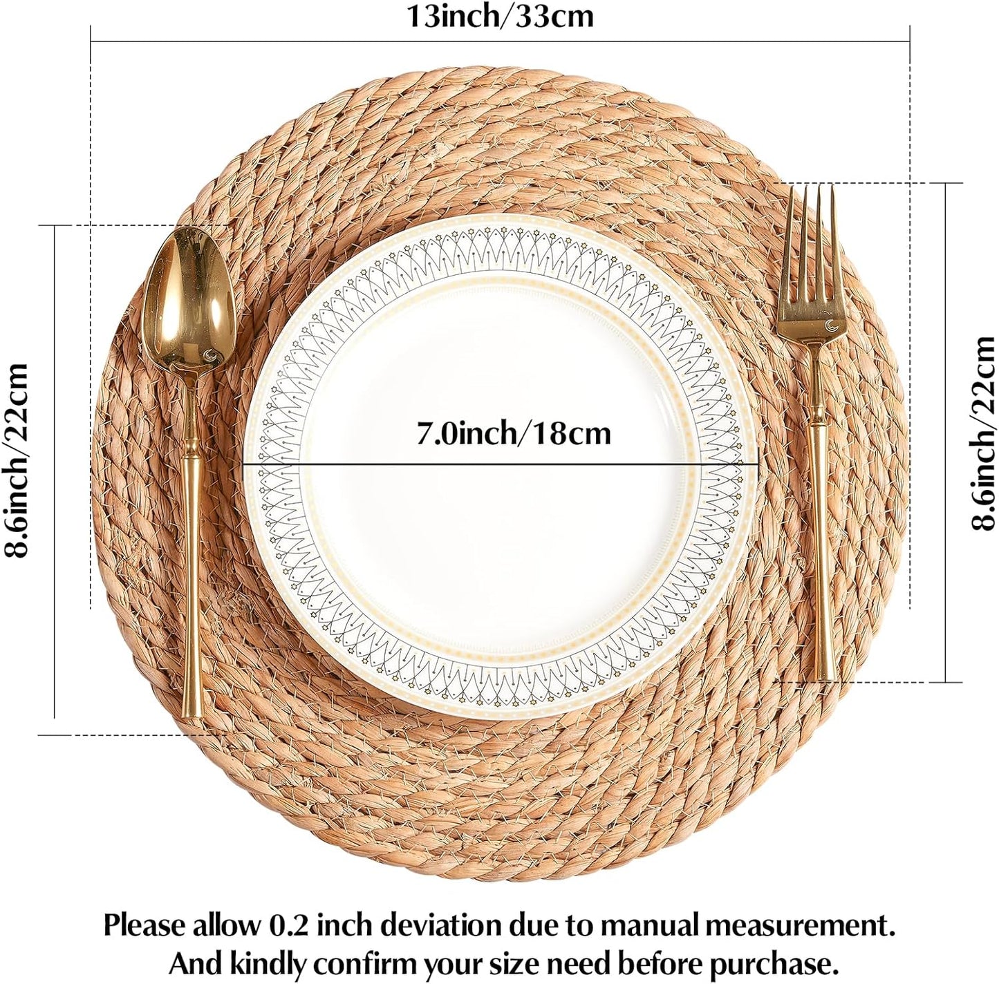 Round Woven Placemats 13 inch Set of 4 - Boho Rattan Placemats Natural Water Hyacinth Placemats, Farmhouse Weave Place Mats, Rustic Braided Wicker Table Mats for Dining Table,Home,Wedding