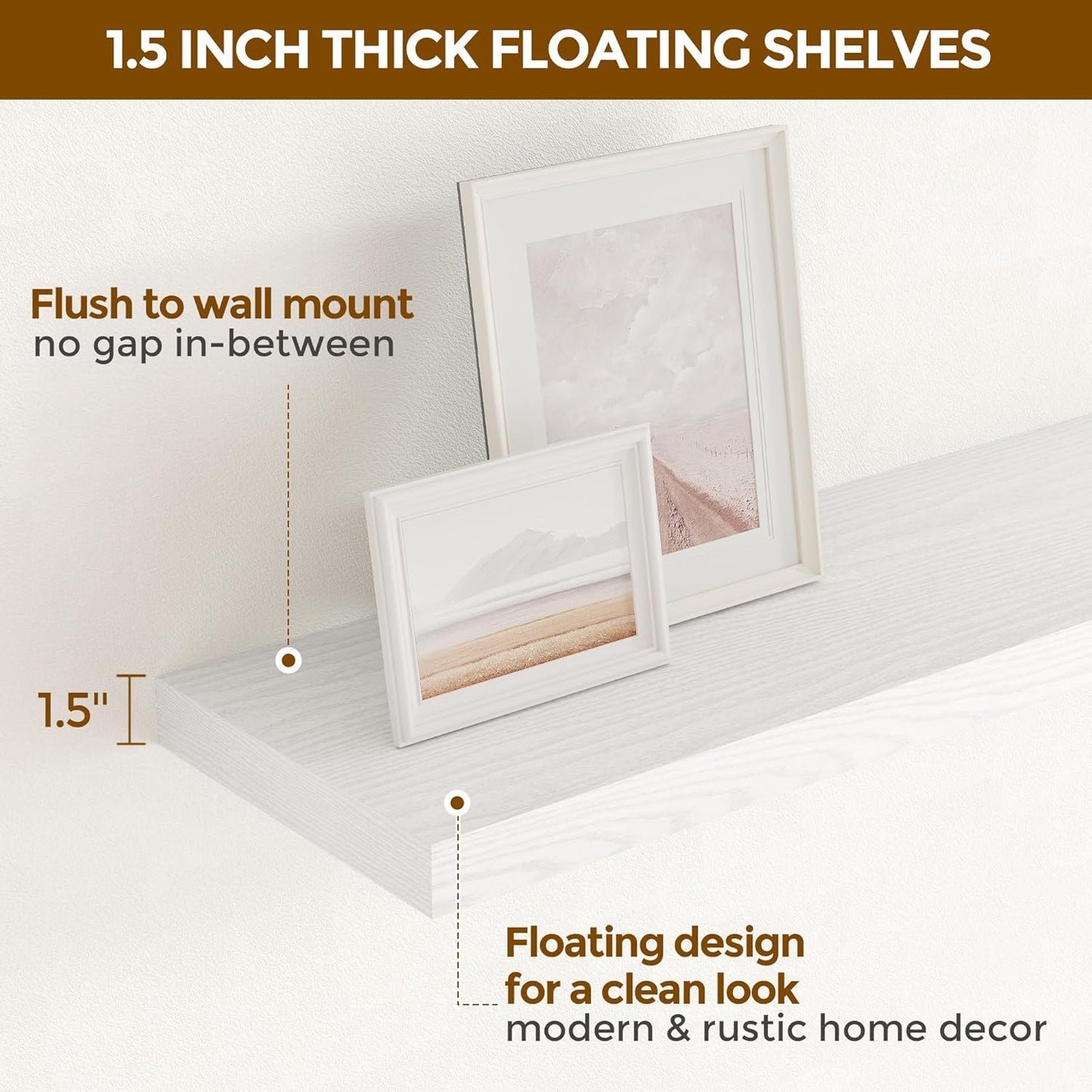 Fun Memories White Floating Shelves 48 Inch Long, Wood Wall Shelves 48x9.3x1.5, 9.3 Inch Deep Floating Shelf for Wall, Large White Shelves for Home Decor & Storage, Set of 2