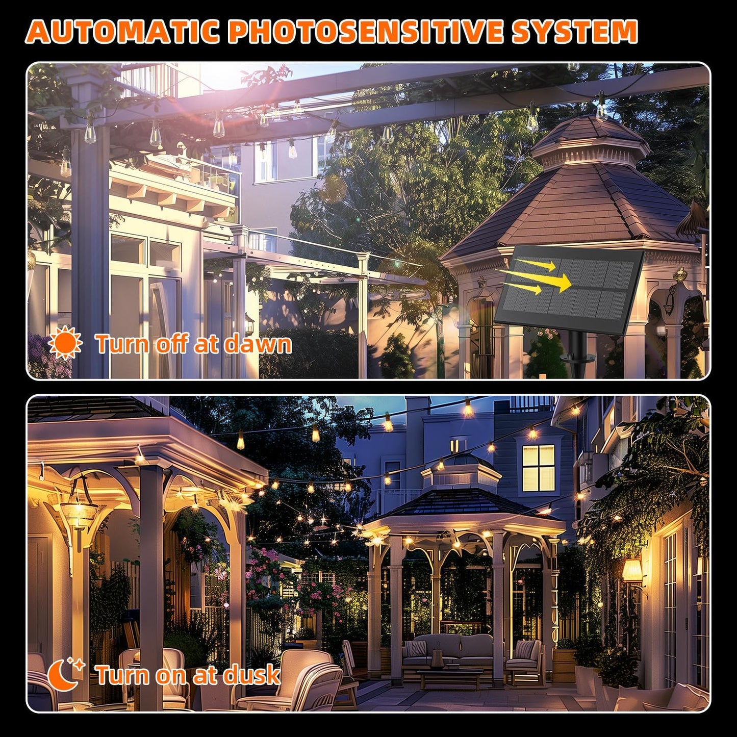 Kawaya Solar Powered String Lights for Outside: 100 FT LED Outdoor Patio Lights with USB-Charging - IP65 Waterproof Hanging Light - 50+2 Shatterproof Edison Bulbs for Bistro Cafe Camp Yard Balcony