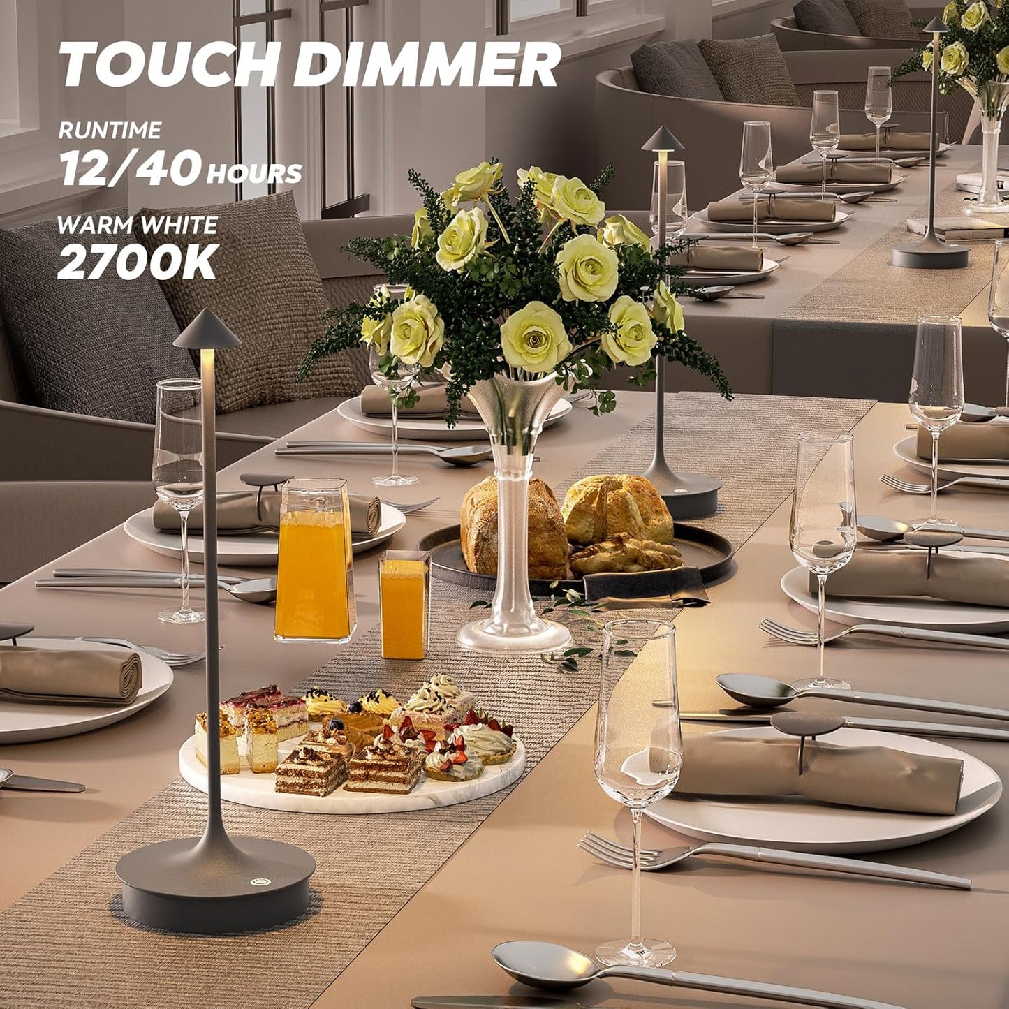 Small Cordless Table Lamp Rechargeable, Battery Operated Desk Lamp, 4000mAh LED Touch Lamp, Dimmable Portable Outdoor Waterproof Wireless Table Light for Restaurants/Bars/Outdoor(1PC,Gray)