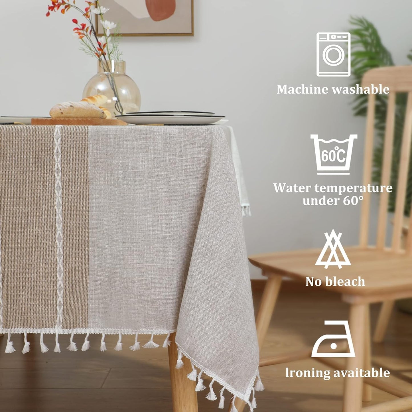 JIALE Tablecloths for Rectangle Tables, Cotton Linen Table Cloth Waterproof Tablecloth Wrinkle Free Farmhouse Dining Tables Cover, Soft Fabric Table Cloths with Tassels, Brown, 55" X 86", 6-8 Seats