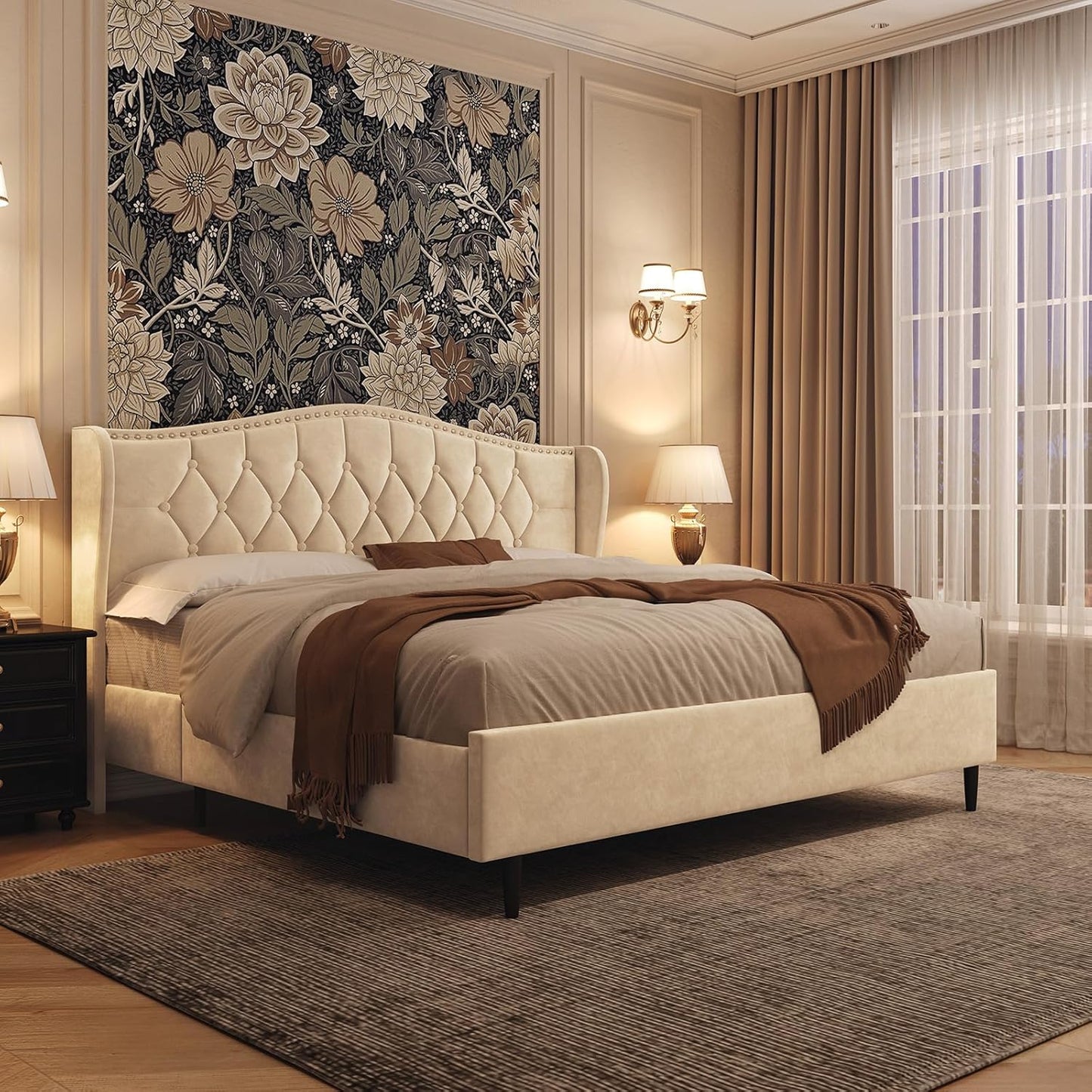 Belffin Full Size Bed Frame with Headboard, Luxury Upholstered Velvet Platform Bed with Wingback, Button Tufted & Nailhead Trim, Anti-Slide Tall Footboard, No Box Spring Needed, Noise-Free, Beige