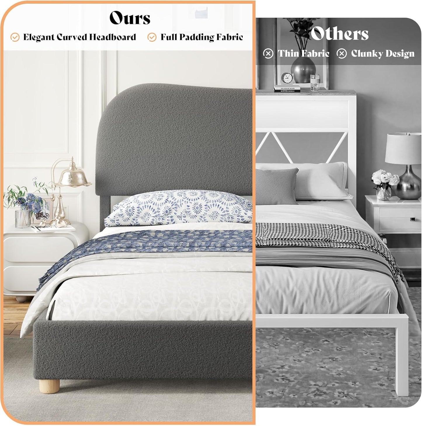 AMERLIFE Full Size Upholstered Boucle Bed Frame, Soft Cloud Platform Bed with Adjustable Headboard, Modern Design, Rounded Corners, Rubberwood Legs, No Box Spring Needed, Easy Assembly, Charcoal Gray