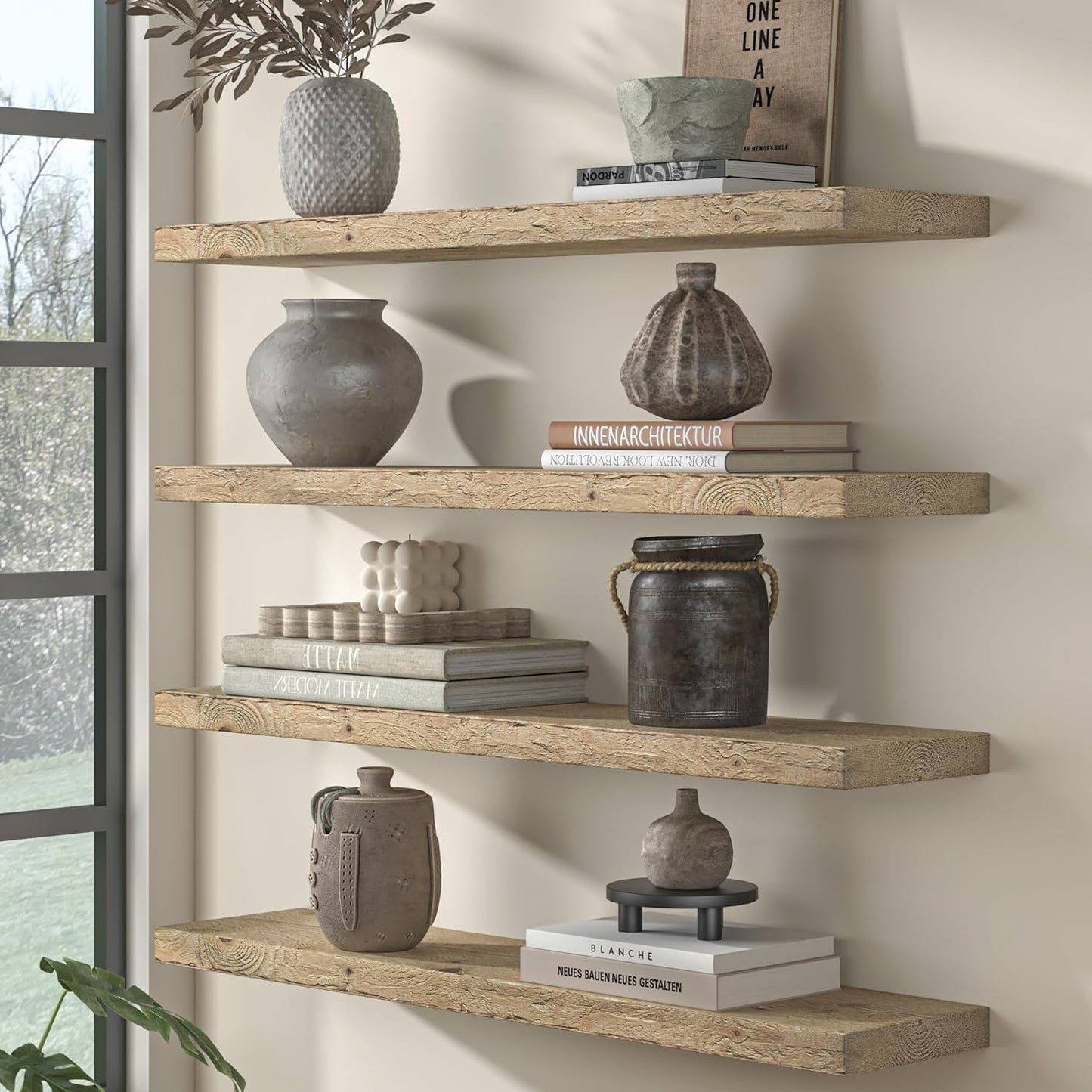 Fun Memories Floating Shelves for Wall Decor, 24"x8" Rustic Reclaimed Wood Shelves, Heavy-Duty Wall Mounted Shelves with Invisible Brackets, Set of 2for Living Room, Bedroom, Kitchen, Natural Finish