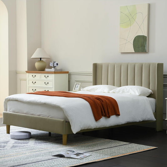 YUHUASHI upholstered Platform Bed Frame/Full Bed Frame/Modern Geometric Double-Wing Design headboard/Linen Fabric/Easy to Assemble no Noise (Beige, Full)