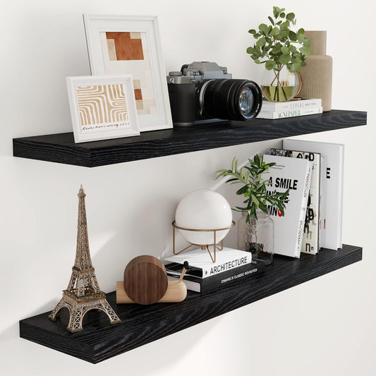 Fun Memories Black Floating Shelves 48 Inch Long, Wood Wall Shelves 48x9.3x1.5, 9.3 Inch Deep Floating Shelf for Wall, Large Black Shelves for Home Decor & Storage, Set of 2