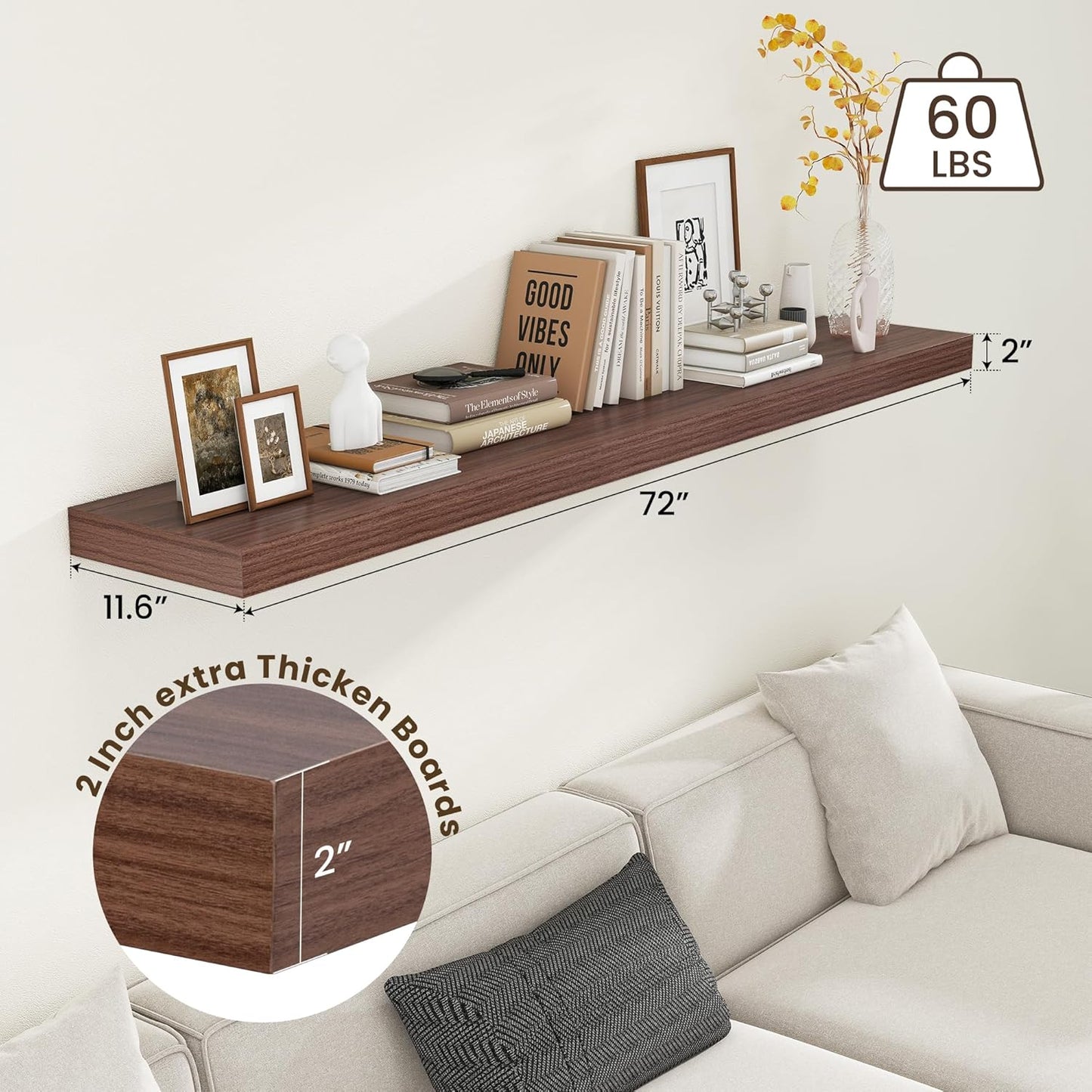 Deep Floating Shelves for Wall - 72 Inch Wide x 12 Inch Deep Wall Shelves Set of 1 - Rustic Walnut Color Wood Shelves for Living Room, Bathroom, Laundry Room, Bedroom, Kitchen, Home Office