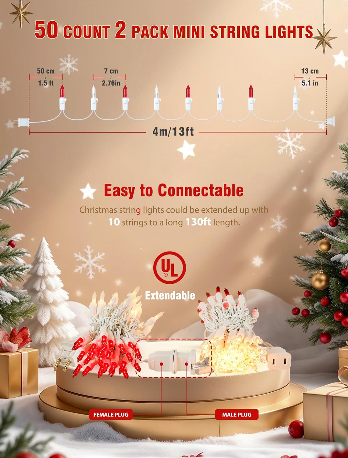 Hopolon Red and Clear Christmas Lights, 2 Pack 13 FT 50 Count Mini String Light Set, White Wire Incandescent Fairy Lights Plug in Connectable for Indoor Outdoor Wedding Birthday Valentine’s Day Decor