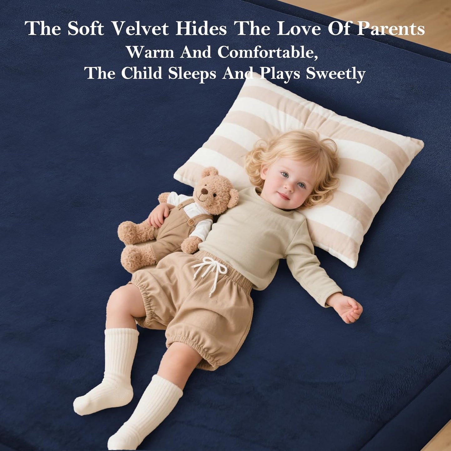 Baby Play Mat for Floor, 1.3"Thick Extra Large Cushioning Memory Foam Playpen Mat, Soft Coral Velvet Baby Crawling Mat with Non-Slip Backing (Dark Blue, 79"×118"×1.3")