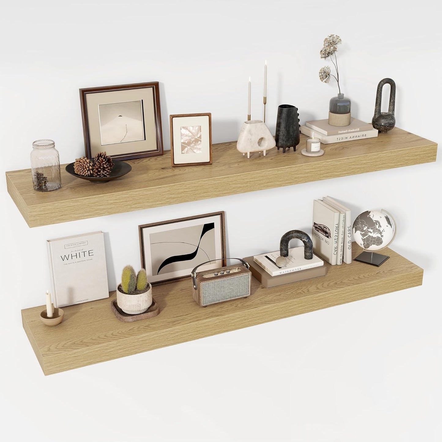 55 Inch Floating Shelves, 12" Deep Floating Shelf Wall Mounted, 55" Wall Shelves, Rustic Deep Bookshelf, Extra Deeper & Thicker Display Shelves for Bedroom, Living Room, Oak, Set of 2