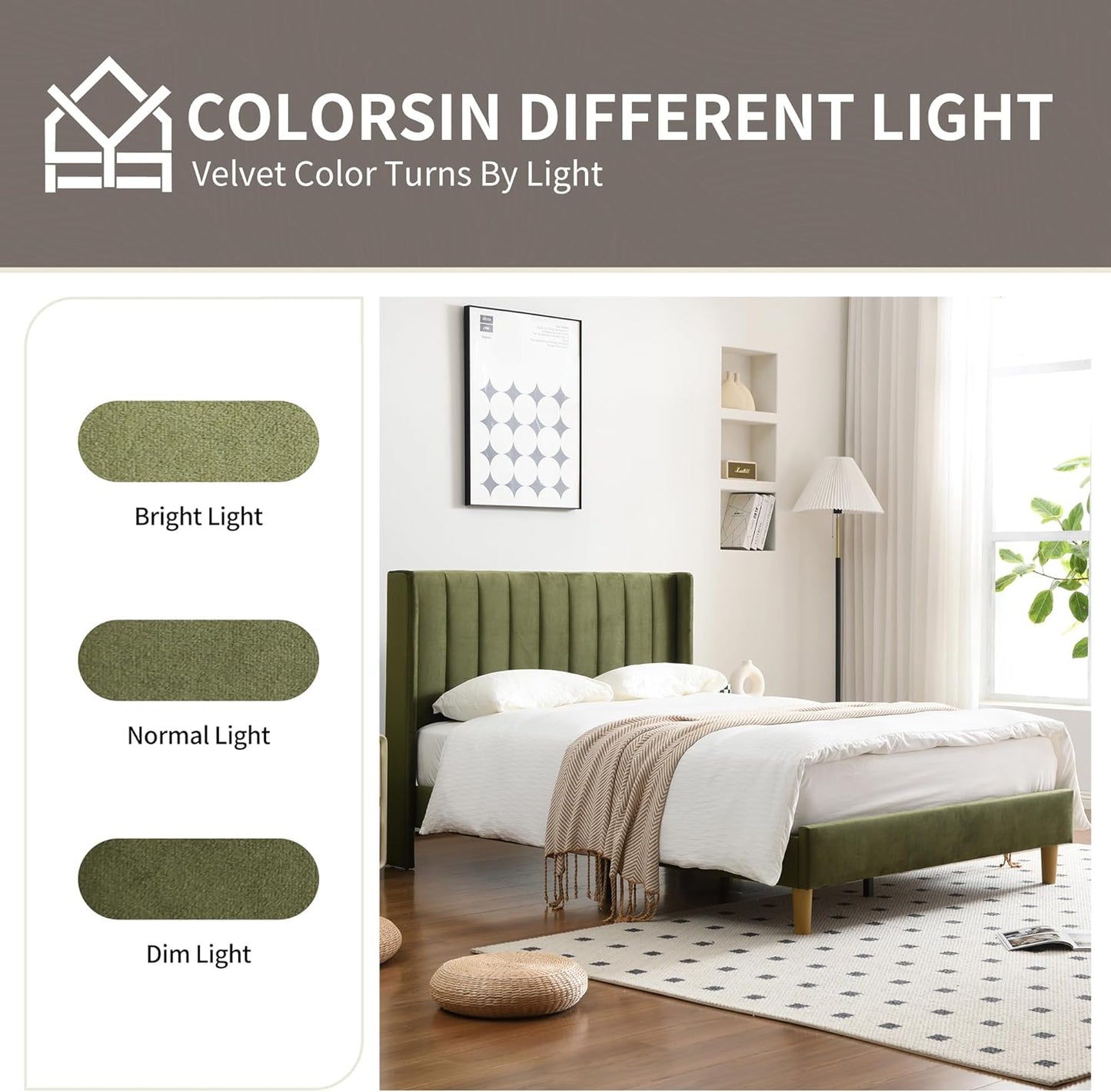 YUHUASHI upholstered Platform Bed Frame/King Bed Frame/Modern Geometric Double-Wing Design headboard/Velvet Fabric/Easy to Assemble no Noise (Grass Green, King (U.S. Standard))