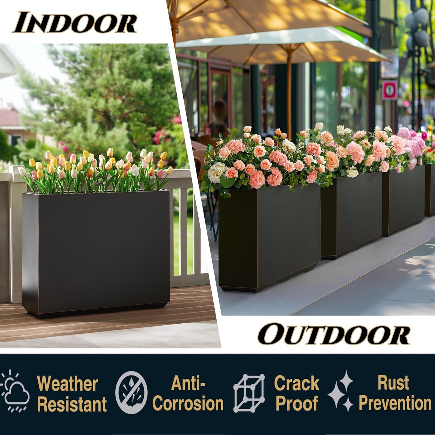 Wallowa Metallic Heavy Outdoor Planter Box, Span Planter, Long and Tall Divider, 30Lx10Wx24H, Black with Gold Rim, 30.8 Pounds