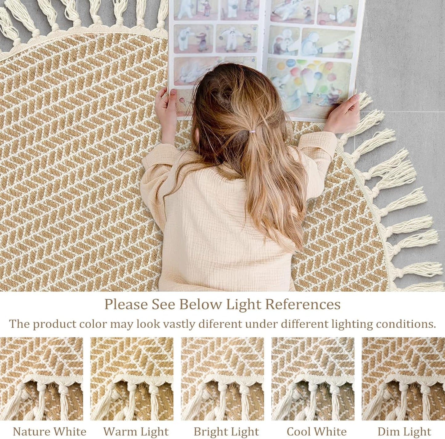 Lahome Boho Round Rug 3ft, Small Circle Rugs for Entryway Kitchen Cotton Washable Indoor Door Bath Mat with Tassels, Farmhouse Round Area Rug Non Shedding Circle Carpet for Bedroom Entry, Khaki