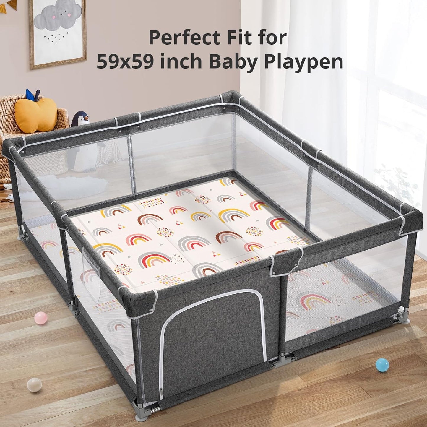 Baby Play Mat, Middle 59X59" Playmat for Playpen, 0.8 Inch Thick Foldable Baby Crawling Mat, Portable Playmat for Babies and Toddlers, Infants, Toddler, Kids