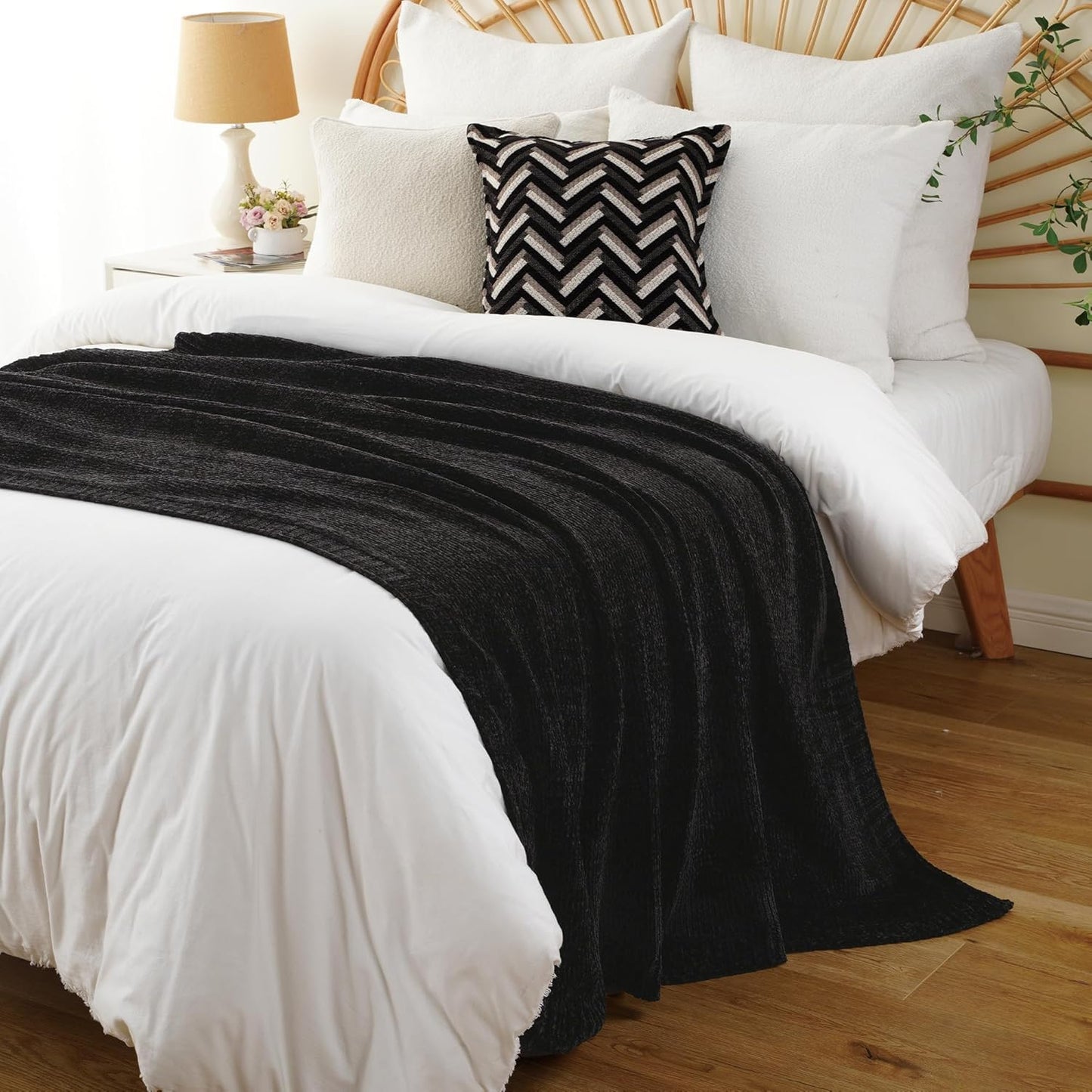 BATTILO HOME Black Throw Blanket for Couch, Woven Chenille Throw Blankets for Bed, Chair, Sofa, Black Knitted Blanket Cozy Soft Blanket, 51"x67"