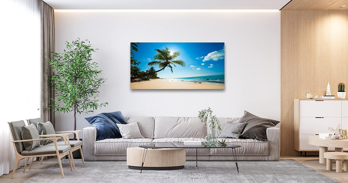 Muolunna X0650 Large Canvas Wall Art Summer Ocean Waves Prints Coconut Trees Beach Seascape Painting Hawaii Sea Nature Pictures Stretched and Framed for Living Room Home Office Wall Decor Artwork