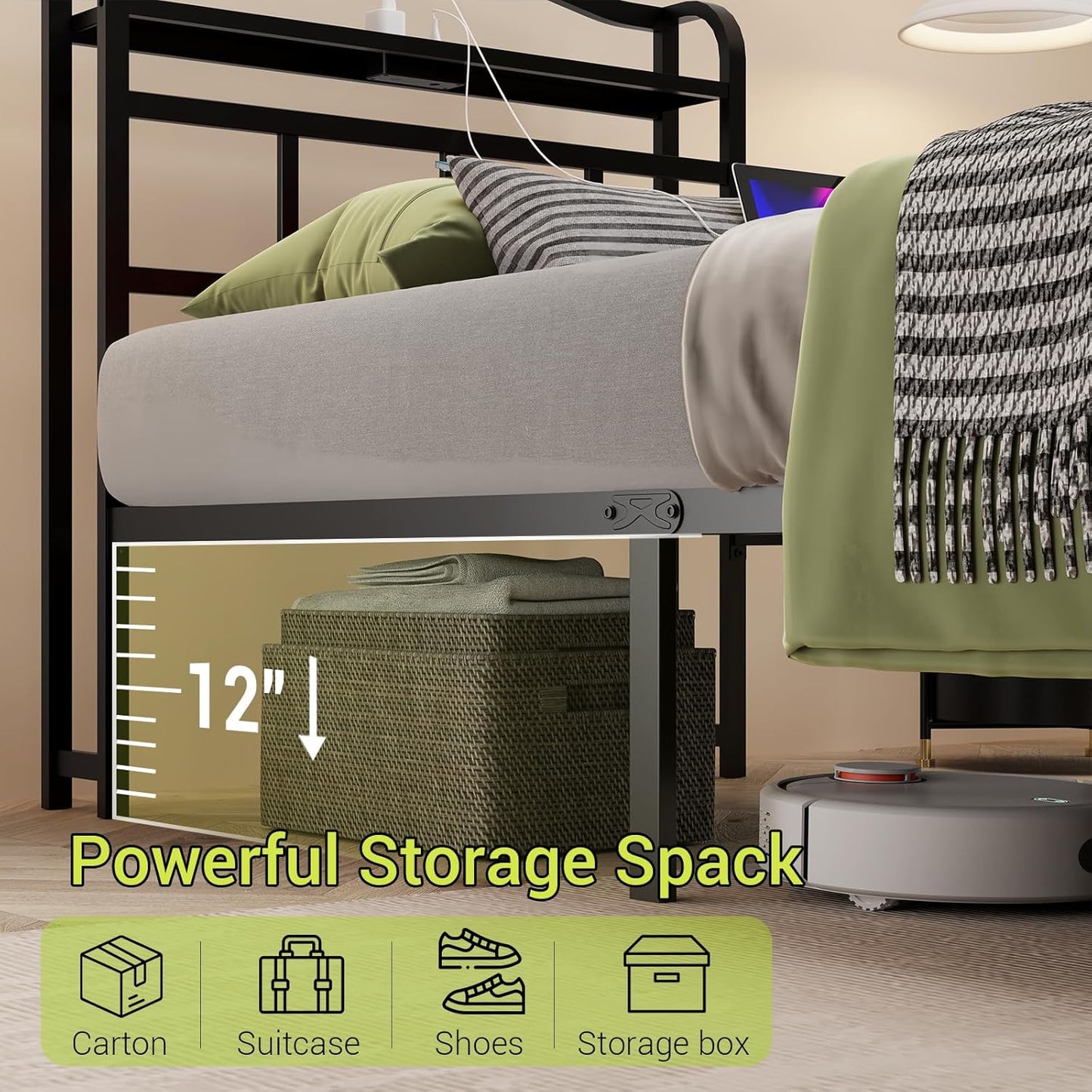 UOMEUR Metal Bed Frame with Headboard and USB & Type C Charging Station, Heavy Duty Metal Bed Frame No Box Spring Needed with Ample Storage Space - Easy Assembly and Noise Free(Black, Twin)