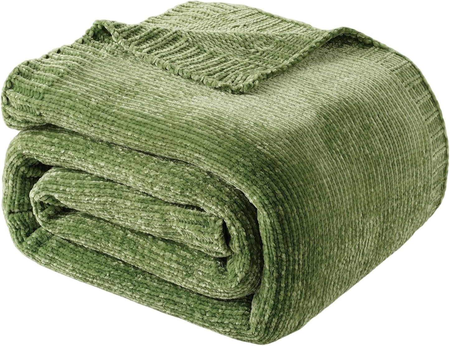 BATTILO HOME Chenille Knitted Throw Blanket for Couch, Spring Summer Green Throw Blanket for Home Decor, Decorative Cozy Soft Moss Green Blankets for Bed Sofa Couch Living Room, 51"x67"