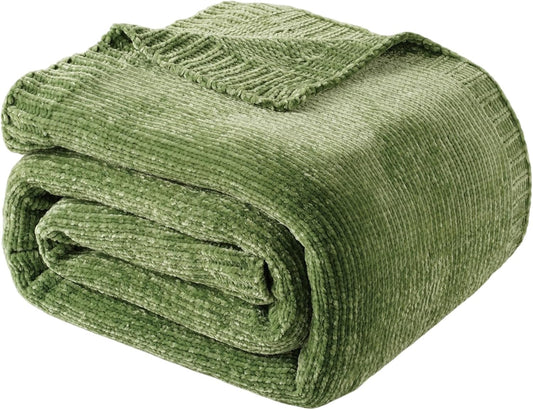 BATTILO HOME Chenille Knitted Throw Blanket for Couch, Spring Summer Green Throw Blanket for Home Decor, Decorative Cozy Soft Moss Green Blankets for Bed Sofa Couch Living Room, 51"x67"