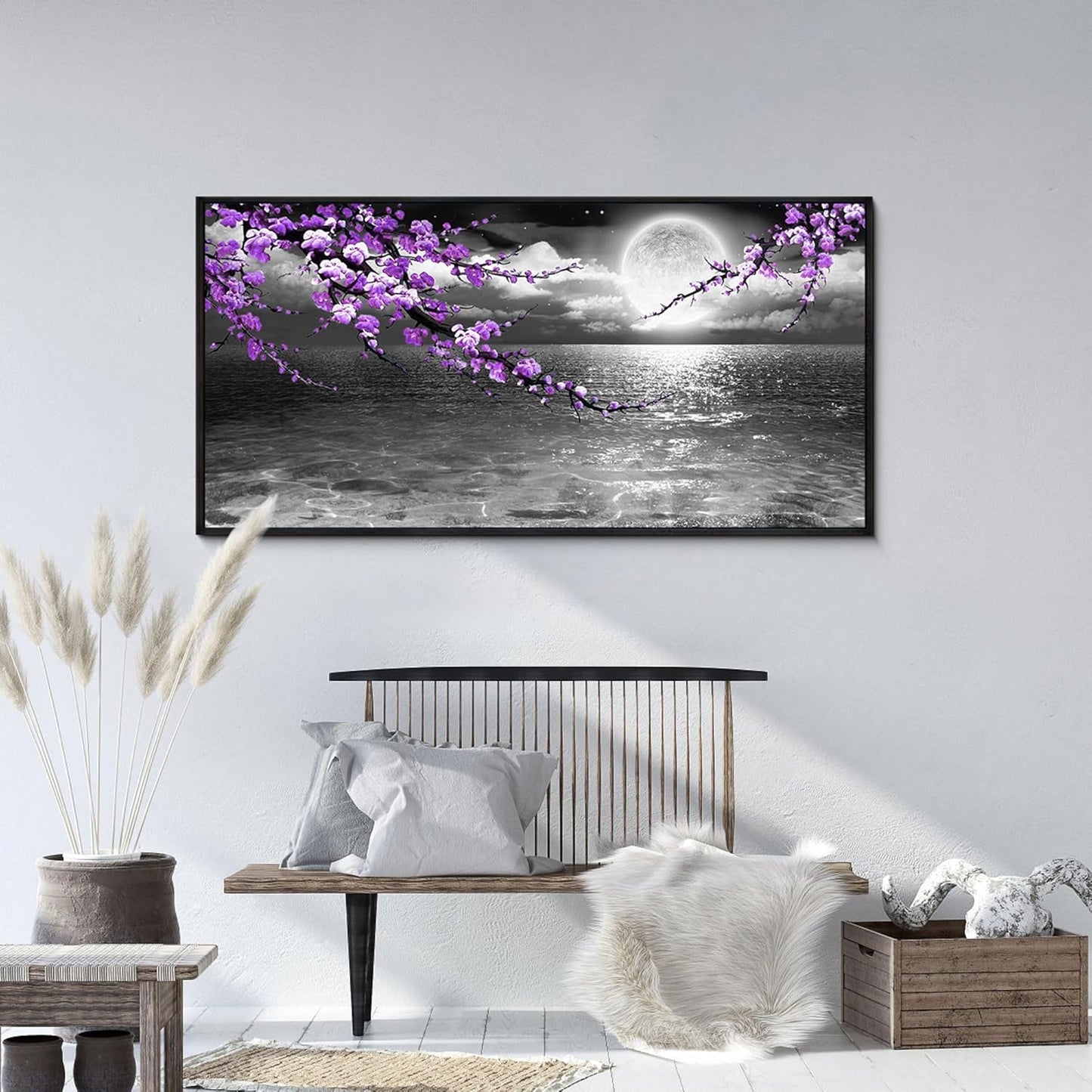 yiijeah Large Paintings for Living Room - Purple Wall Decor Plum Blossom Moon Ocean Canvas Picture Framed Artwork Black and White Seascape Wall Art Home Bedroom Decoration