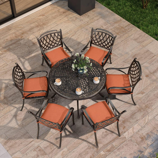 PURPLE LEAF Patio Dining Set Cast Aluminum 7-Piece Patio Furniture Set with 6 Dining Armchairs and 47" Round Table, 6 Cushions Included, for Lawn Yard Garden, Rhombic Brick Red Outdoor Dining Set