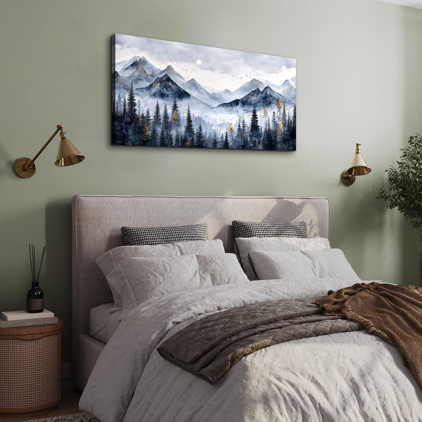SERIMINO Mountain Landscape Large Wall Art, Misty Forest Canvas Prints, Blue Gold Watercolor Pine Tree Paintings Wall Decor Living Room Bedroom, Natural Scenery Office Decor Pictures 20"X40"