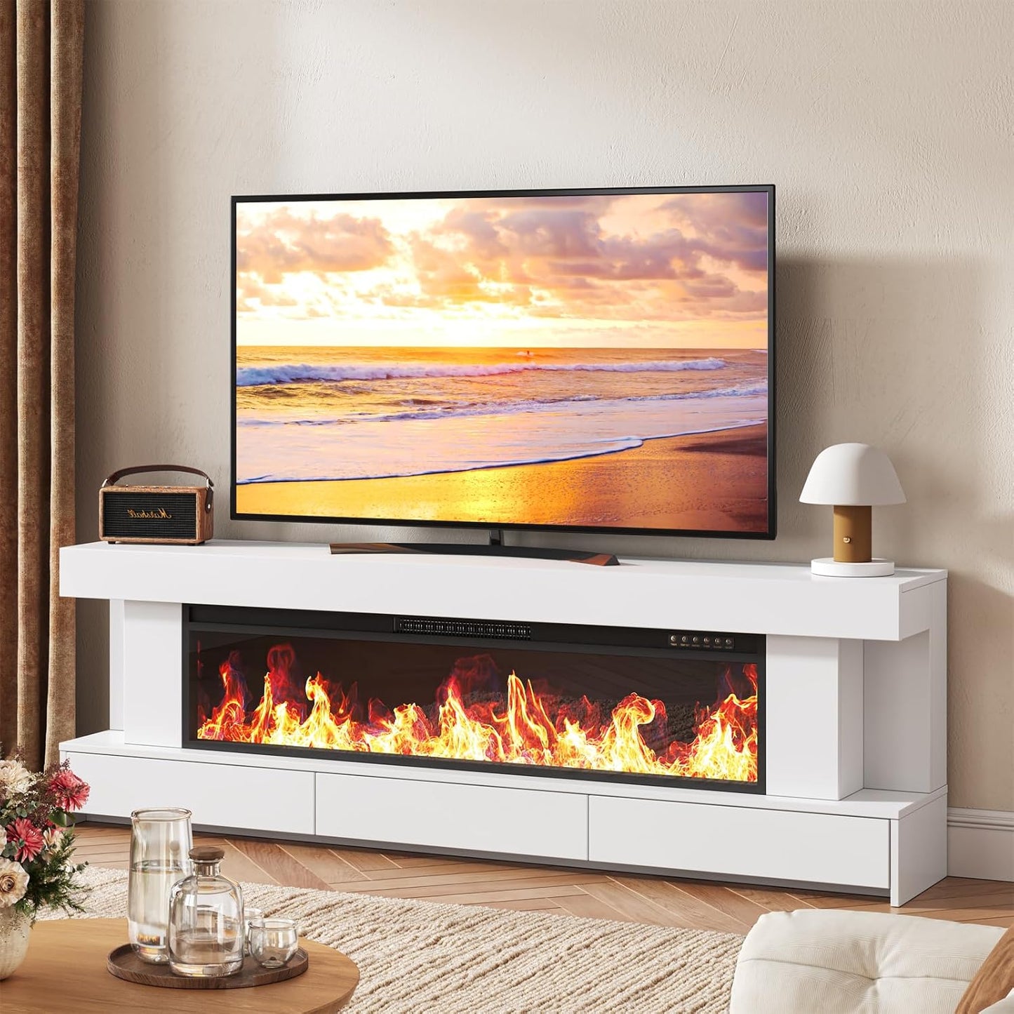 66.2" Fireplace TV Stand with 47" Electric Fireplace, Heated Entertainment Center with Fireplace & 3 Drawers, Modern Wood TV Console with 12 Electronic Flame Colors for Living Room, White