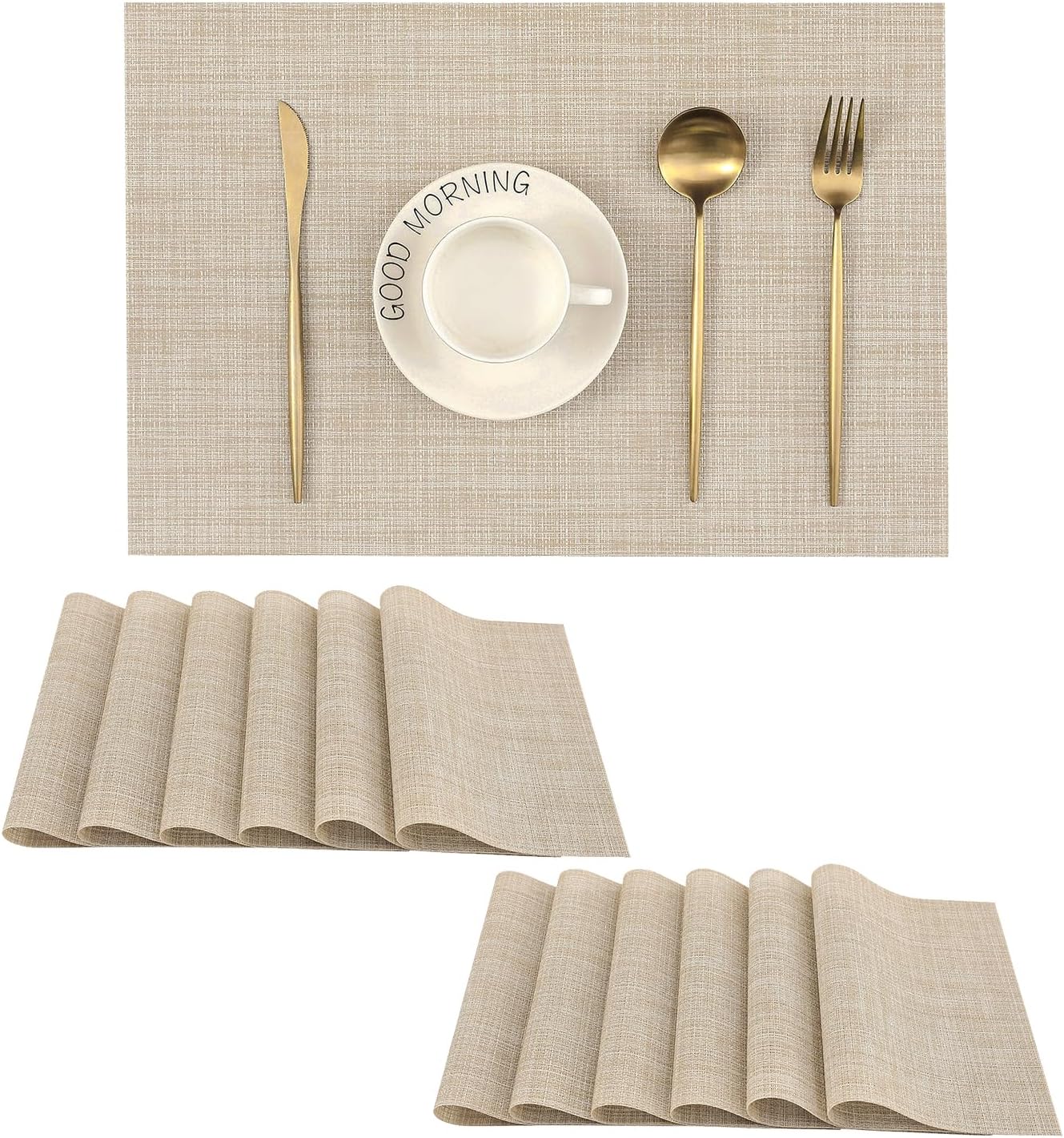 Leetaltree Beige Placemats Set of 12 - Heat Resistant Non-Slip Place mats for Dining Table, Washable Durable PVC Vinyl Woven Table Mats（Beige, 12）