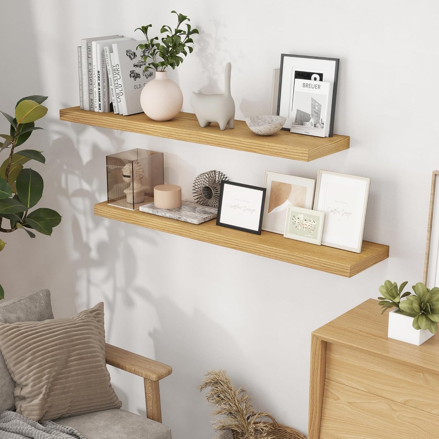 48 Inch Floating Shelves, 9.3 Inch Deep Floating Shelf for Wall, Rustic Wood Wall Shelves 48 x 9.3 x 1.5, Large Bathroom Shelf 48 Inch Long, Deep Shelves for Kitchen, Living Room, Oak Color, 2 Pack