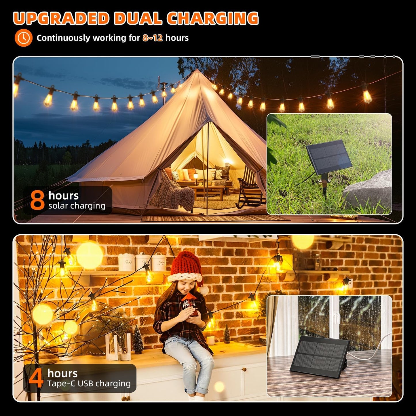 Kawaya Solar Powered String Lights for Outside: 100 FT LED Outdoor Patio Lights with USB-Charging - IP65 Waterproof Hanging Light - 50+2 Shatterproof Edison Bulbs for Bistro Cafe Camp Yard Balcony