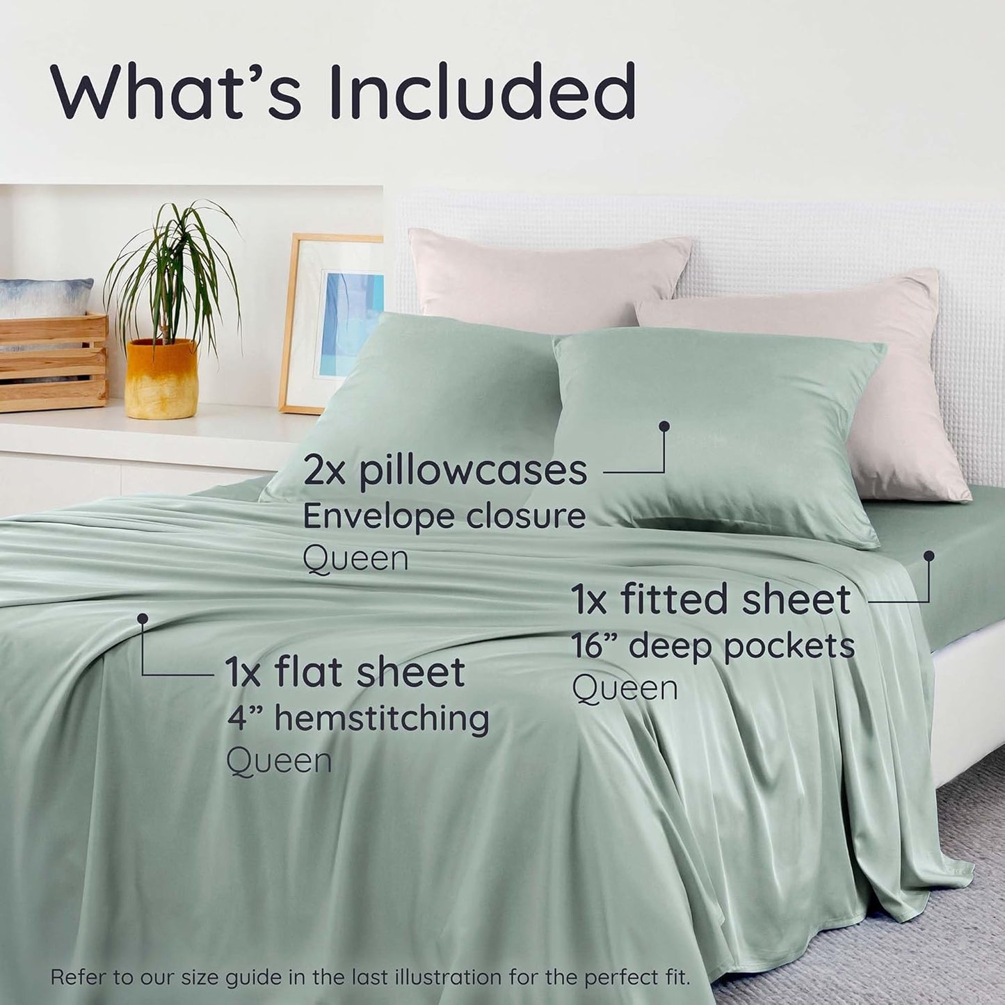 Bambaw 100% Viscose Derived from Bamboo Sheets Queen Size Deep Pocket Set – 4pcs Hotel Luxury Bedding Set, Fits Up to 16'' with Elastic Corner Straps, Ultra Soft Cooling Sheets Queen Size (Sea Glass)