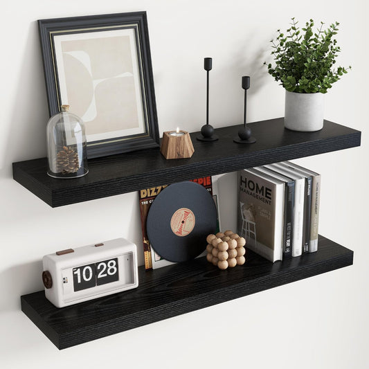 Floating Shelves for Wall with Invisible Brackets, Wall Mounted Engineered Wood Shelves with Wood Grain for Living Room, Bedroom, Bathroom, Kitchen Decor and Storage, Oak, 36"L Set of 2, Black
