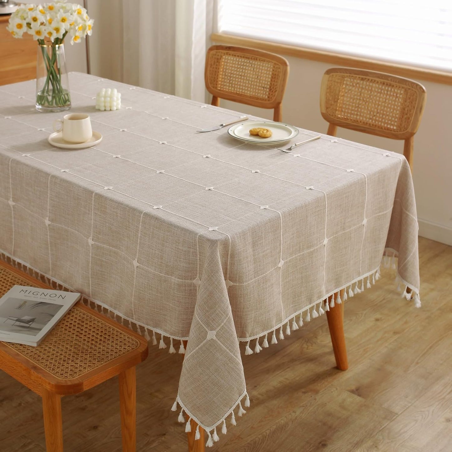 JIALE Tablecloths for Rectangle Tables,Cotton Linen Table Cloth Waterproof Tablecloth Wrinkle Free Farmhouse Dining Tables Cover,Soft Fabric Table Cloths with Tassels, Plaid, 55" X 55",2-4 Seats