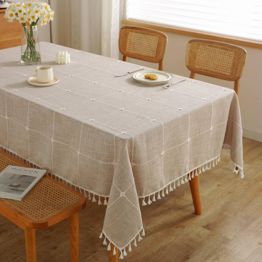 JIALE Tablecloths for Rectangle Tables,Cotton Linen Table Cloth Waterproof Tablecloth Wrinkle Free Farmhouse Dining Tables Cover,Soft Fabric Table Cloths with Tassels, Plaid, 55" X 86",6-8 Seats