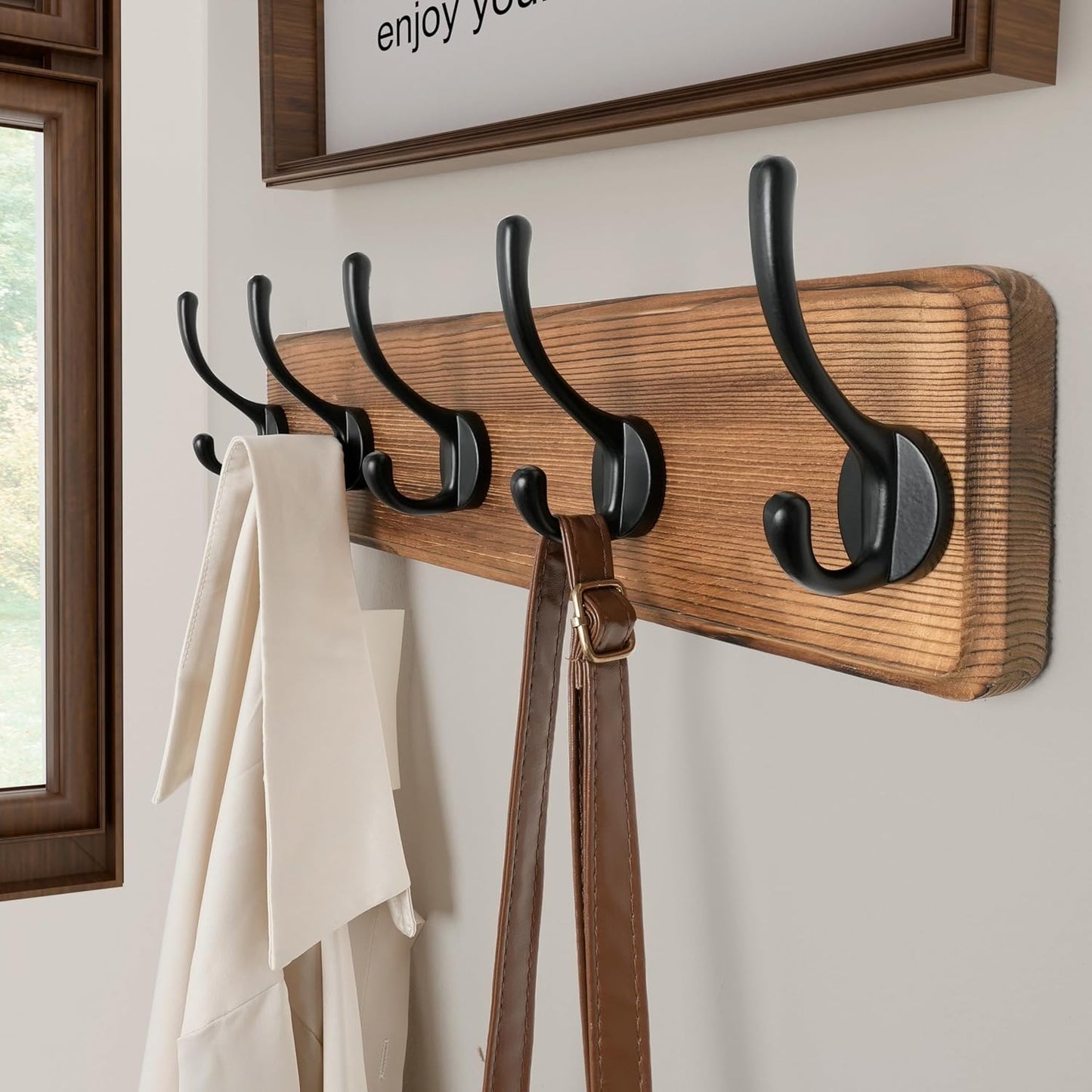 SKOLOO Rustic Wall Mounted Coat Rack with 16 Inch Mounting Hole Distance, Pine Solid Wood Coat Hook Hanger - 5 Hooks for Hanging Clothes Robes Towels Coats