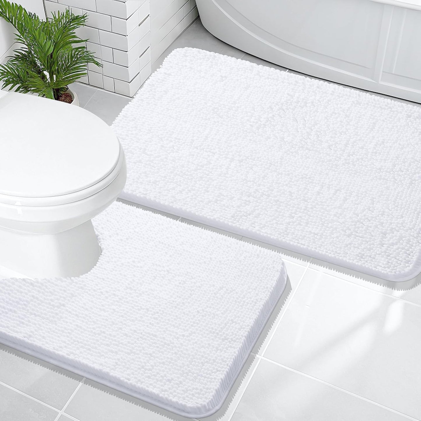 OLANLY Bathroom Rugs Sets 2 Piece, Soft Absorbent Chenille Bath Mats and U-Shaped Contour Toilet Mat Area Rug Set, Machine Washable Bath Carpet, Home Decor Accessories(36"x24"+24"x20", White)