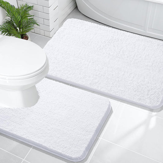 OLANLY Bathroom Rugs Sets 2 Piece, Soft Absorbent Chenille Bath Mats and U-Shaped Contour Toilet Mat Area Rug Set, Machine Washable Bath Carpet, Home Decor Accessories(36"x24"+24"x20", White)